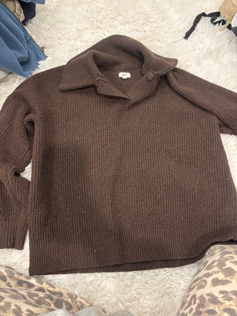 aerie Brown Ribbed V-Neck Collared Sweater